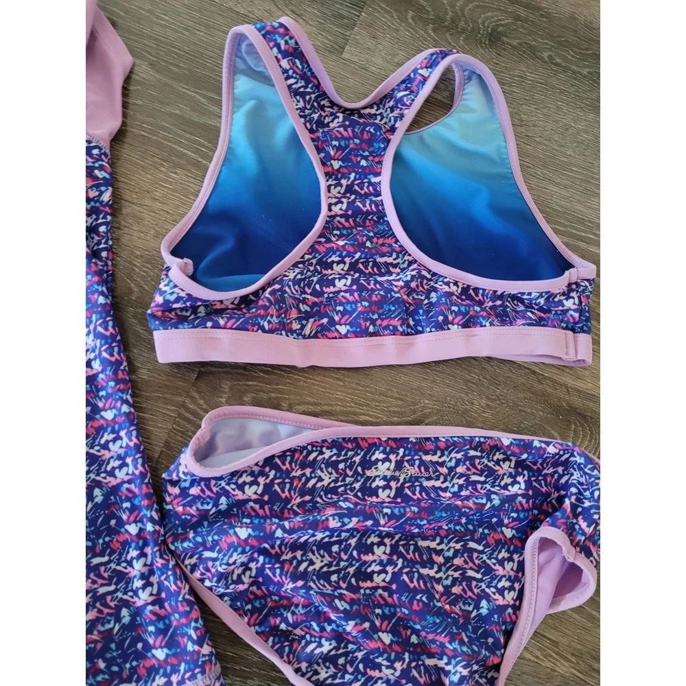 Eddie Bauer Girls 3 Piece Swimsuit Set Purple Rash Guard Bikini Kids L 14/16 #8